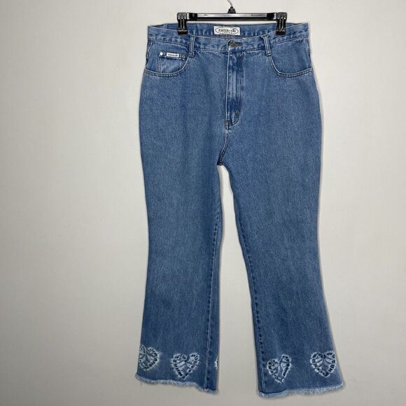 ZanaDi Jeans Womens 18 Flare Bell Bottoms Hippie Raw Hem Hearts VTG Y2K - Picture 1 of 10